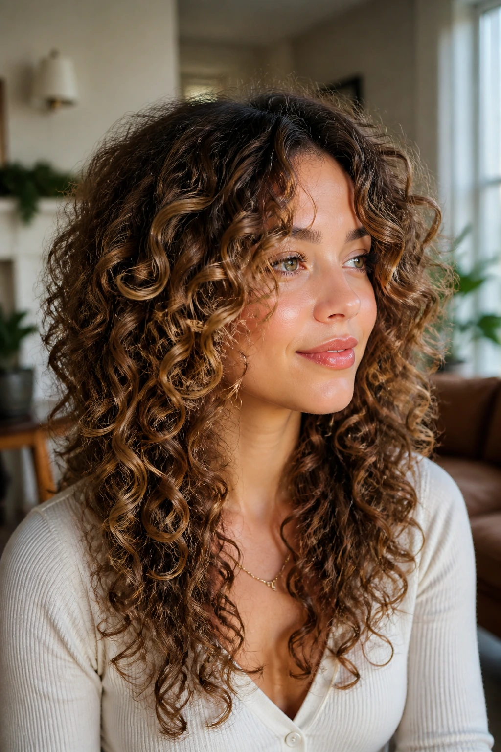 Close-up of a real woman's curly hair showing butterfly layers with babylights around the crown