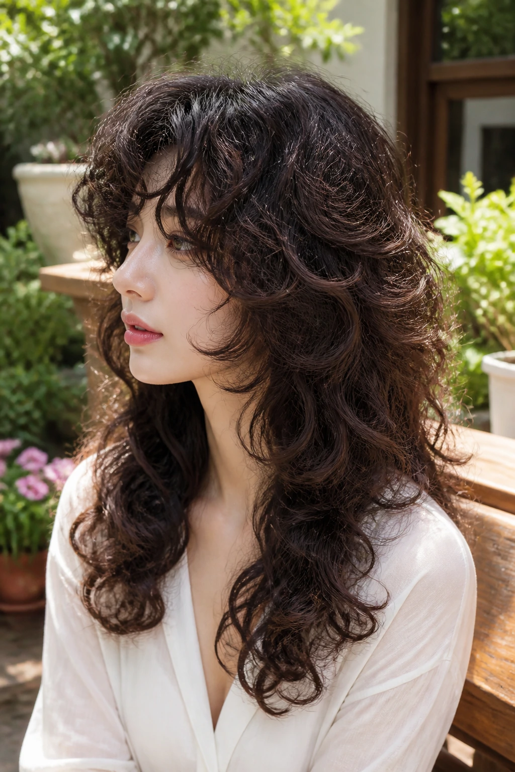 Portrait of a person with butterfly layers and a curly top shelf