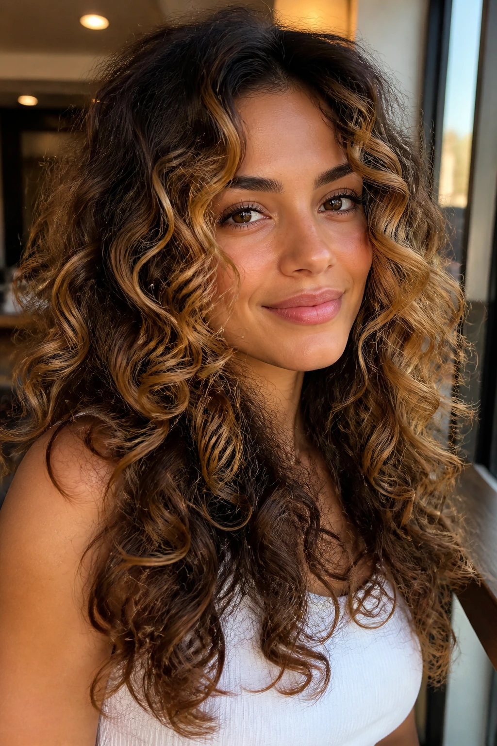 Close-up of butterfly curly haircut with honey face-framing pieces