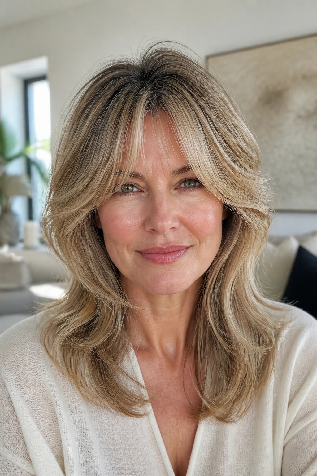 Woman with butterfly layers and brow-grazing curtain bangs