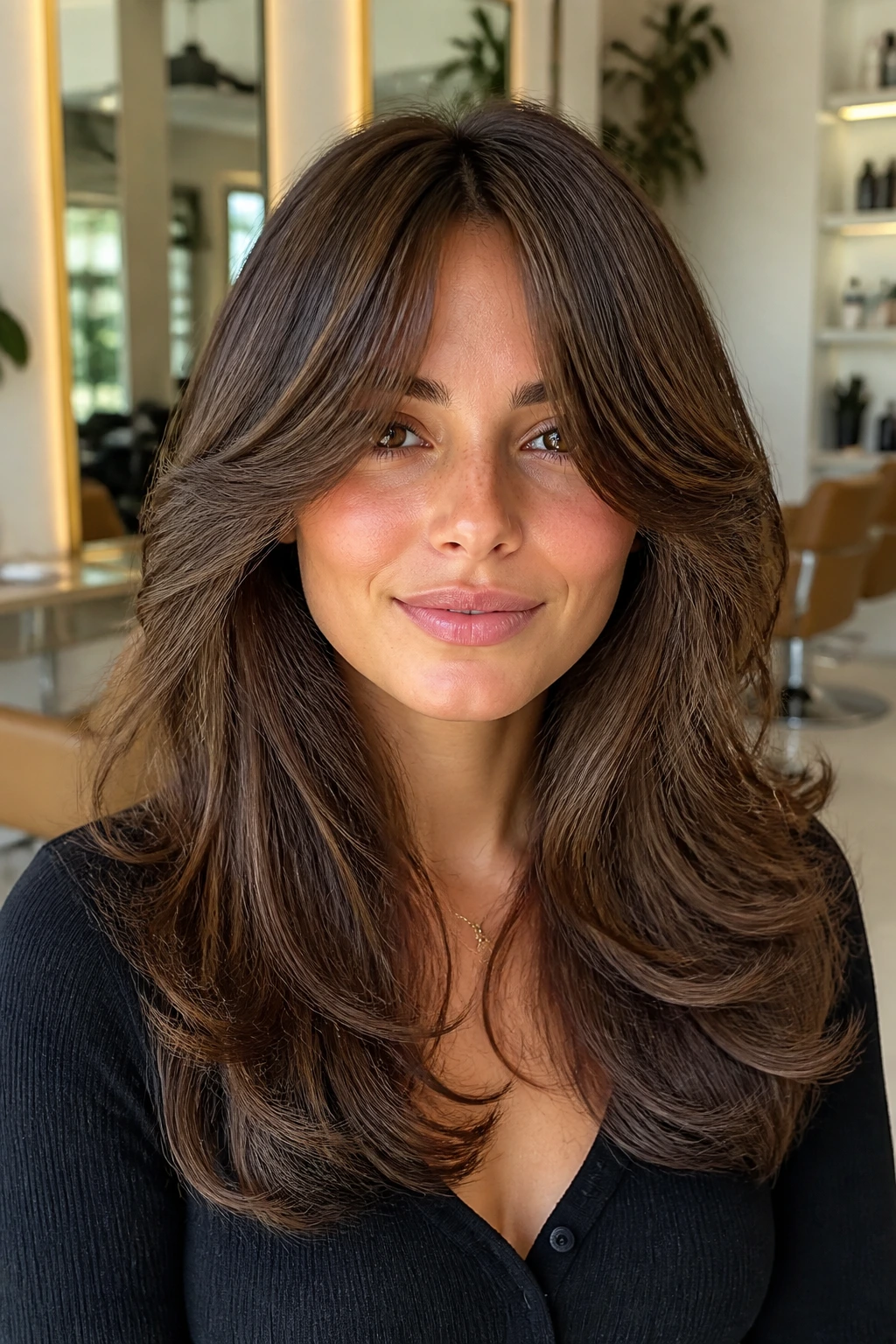 Portrait of a real woman with butterfly layers and curtain bangs.