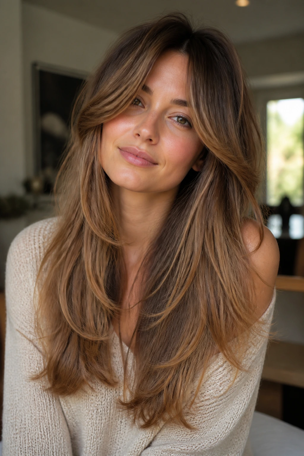 Close-up of a real woman with butterfly layers and full curtain sweep