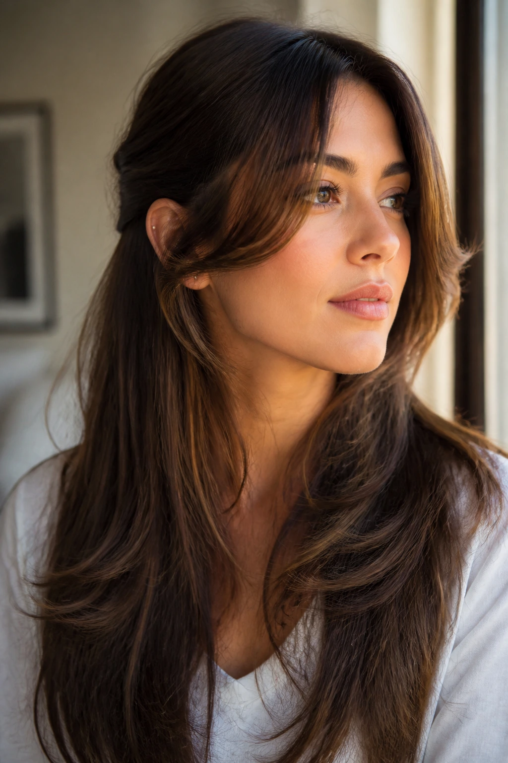 Close-up of a real woman with butterfly layers and curtain pieces, hair tucked behind the ear.