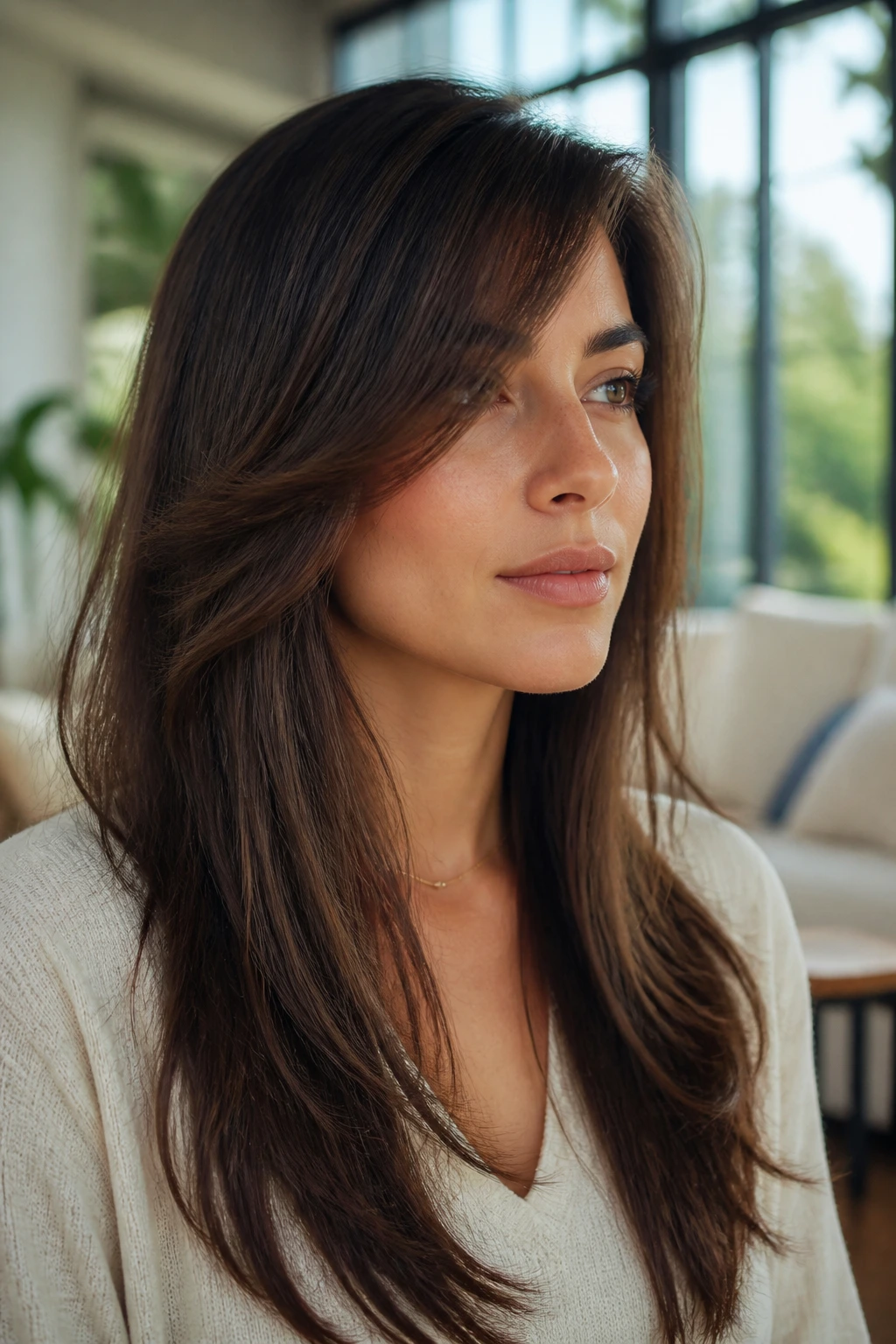 Portrait of a woman with butterfly layers and diagonal fringe