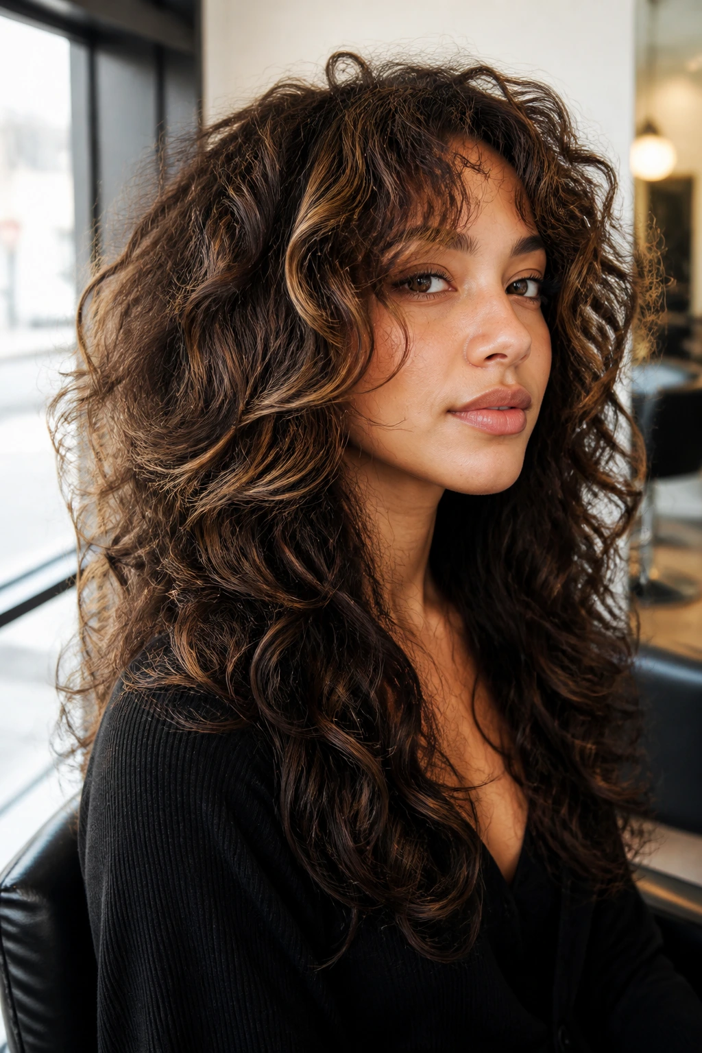 Close-up of a real woman with butterfly layers and espresso panels in curly hair.