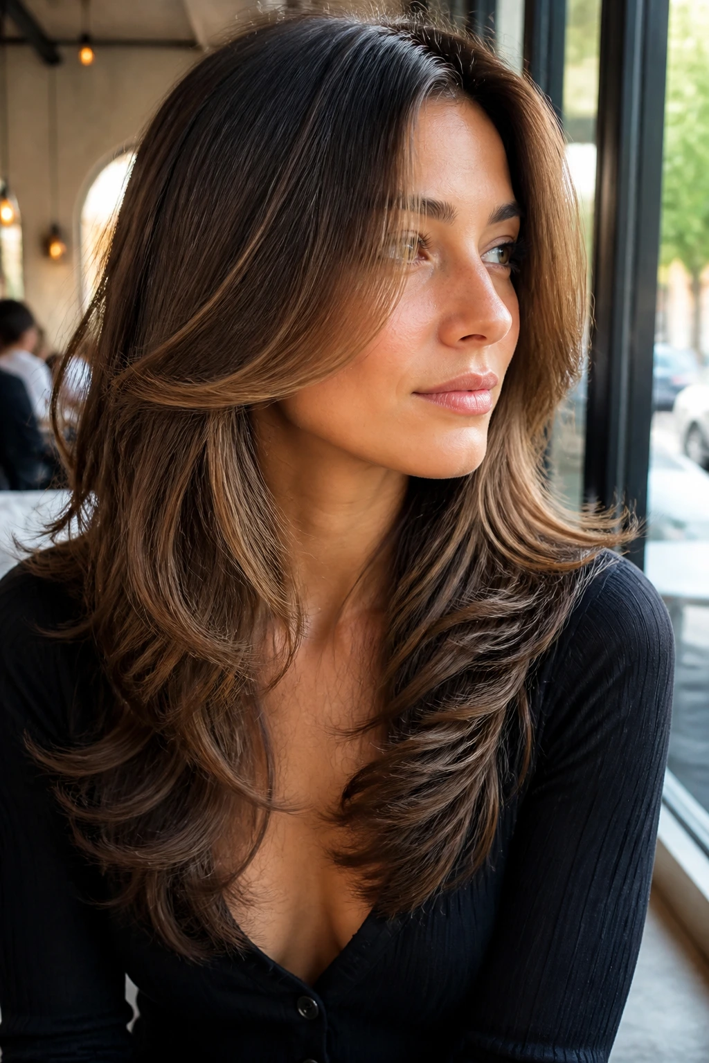Portrait of a woman with butterfly layers lifting the crown and soft face frame
