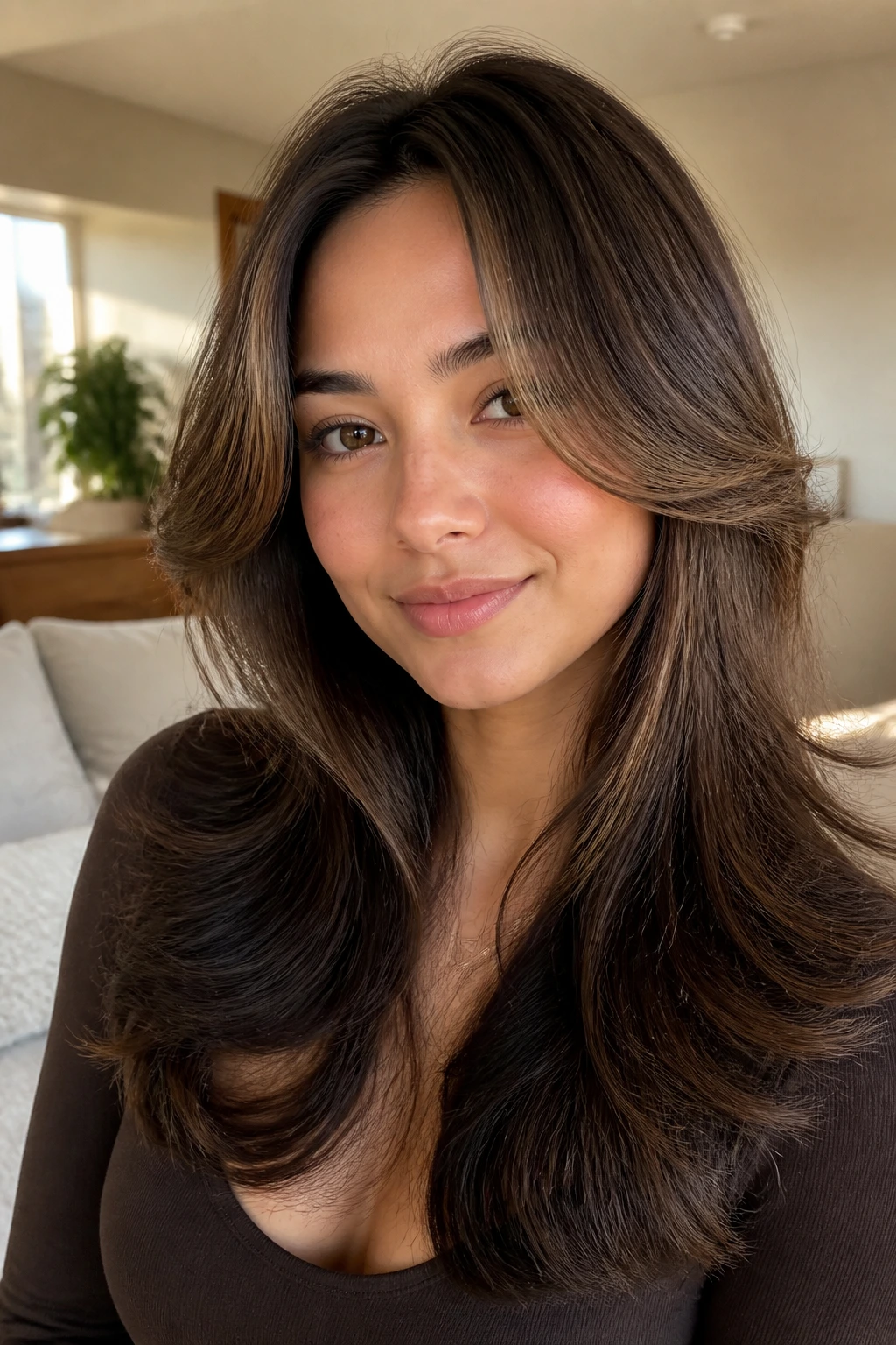 Close-up portrait of a real woman with butterfly layers and face-framing pieces starting below the cheekbone