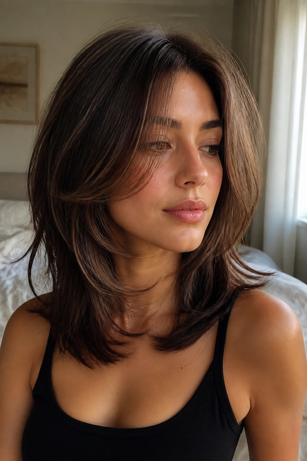Close-up of a real woman showing butterfly layers framing the face with chin-length fronts and collarbone-length layers
