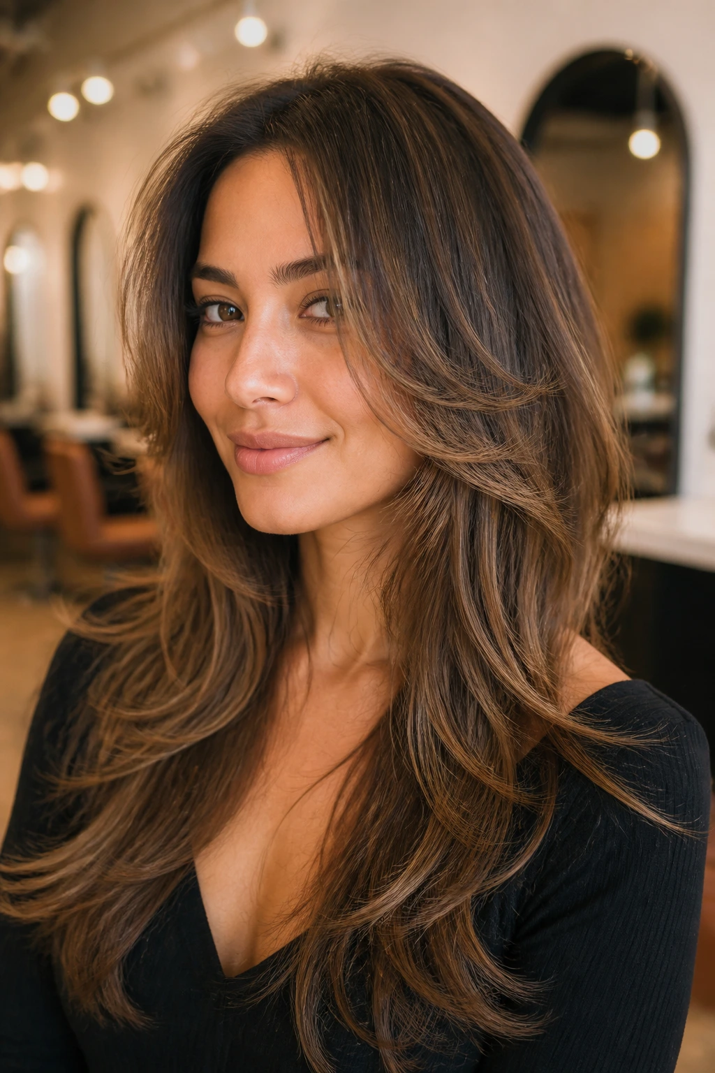 Close-up of a real woman with butterfly layers creating face-framing lift