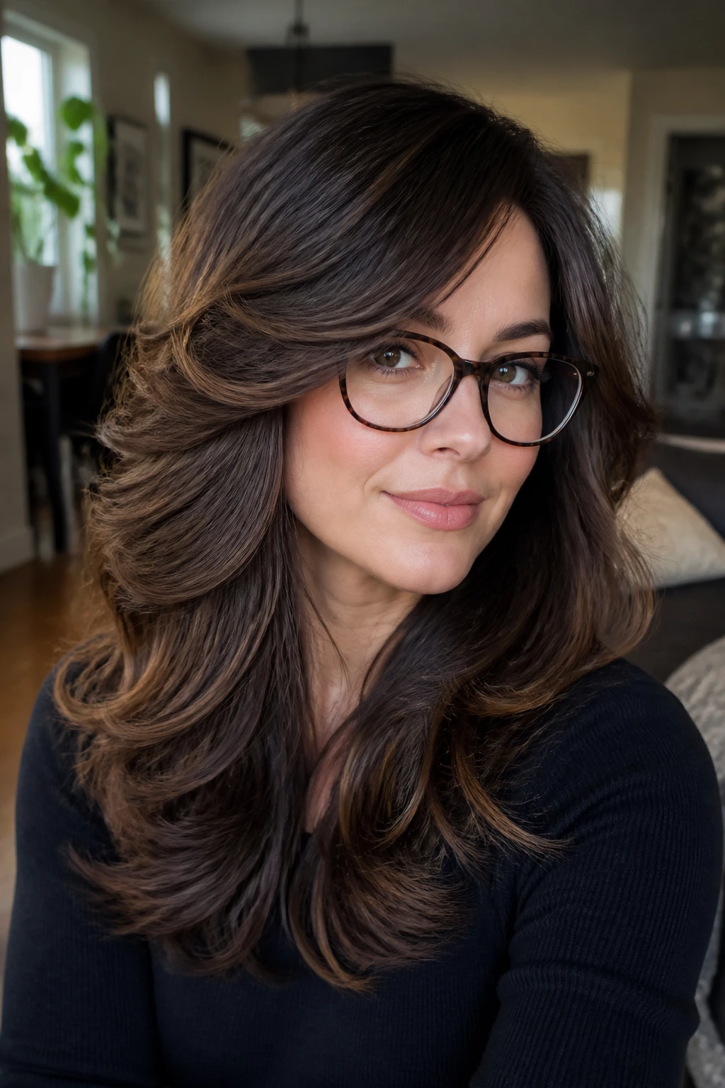 Close-up portrait of a real woman with butterfly layers and a feathered side-swept bang