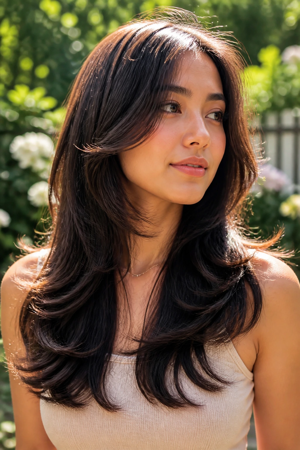 Real woman with butterfly layers and flipped ends in a garden setting