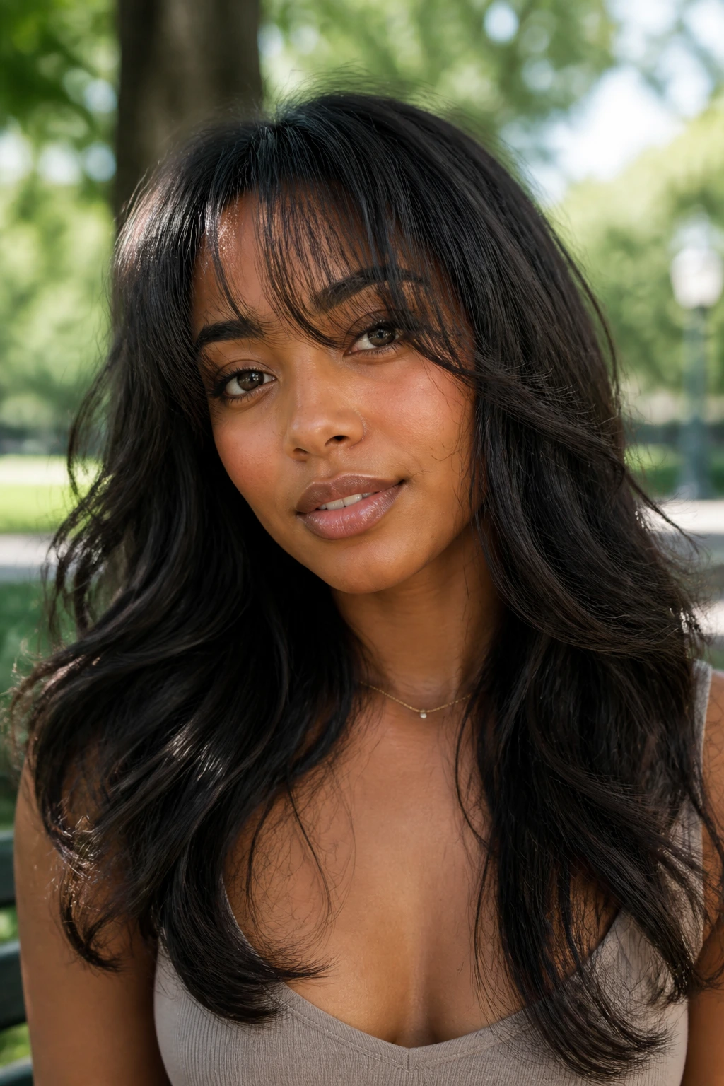 Close-up of real woman with butterfly layers and floating fringe in park light