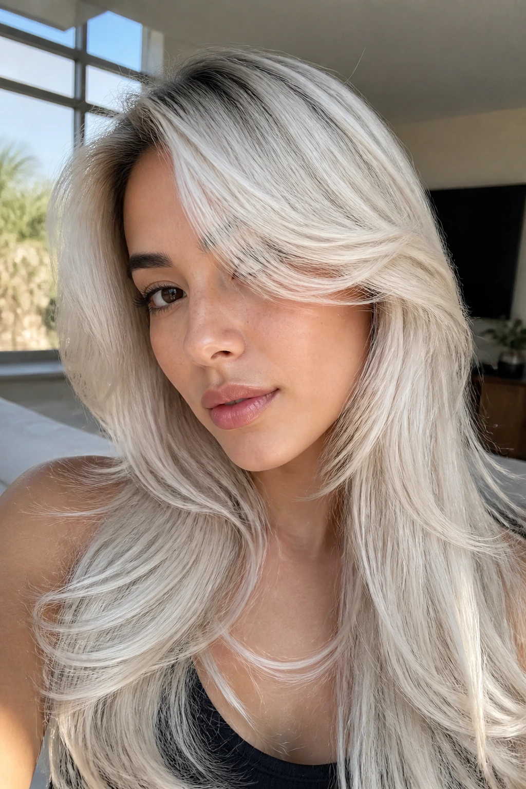 Close-up of butterfly layers with frosted ends on platinum hair