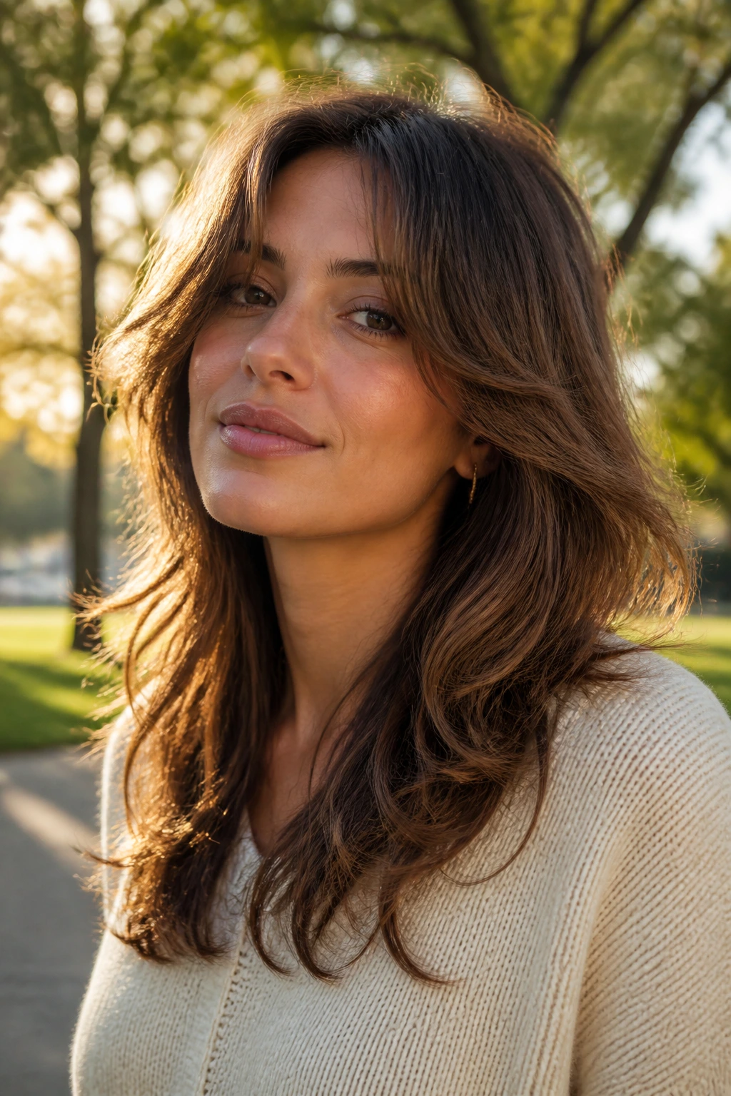 Portrait of a person with butterfly layers front pieces around cheeks