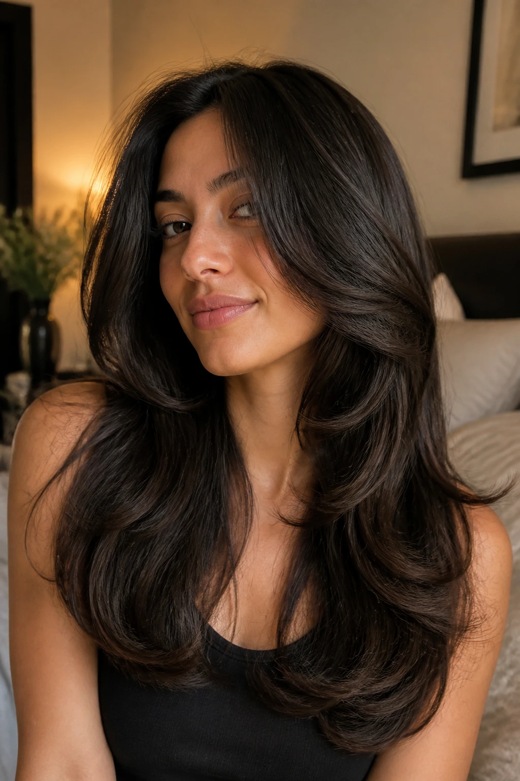 Portrait of a woman with butterfly layers and a heavy bottom line.