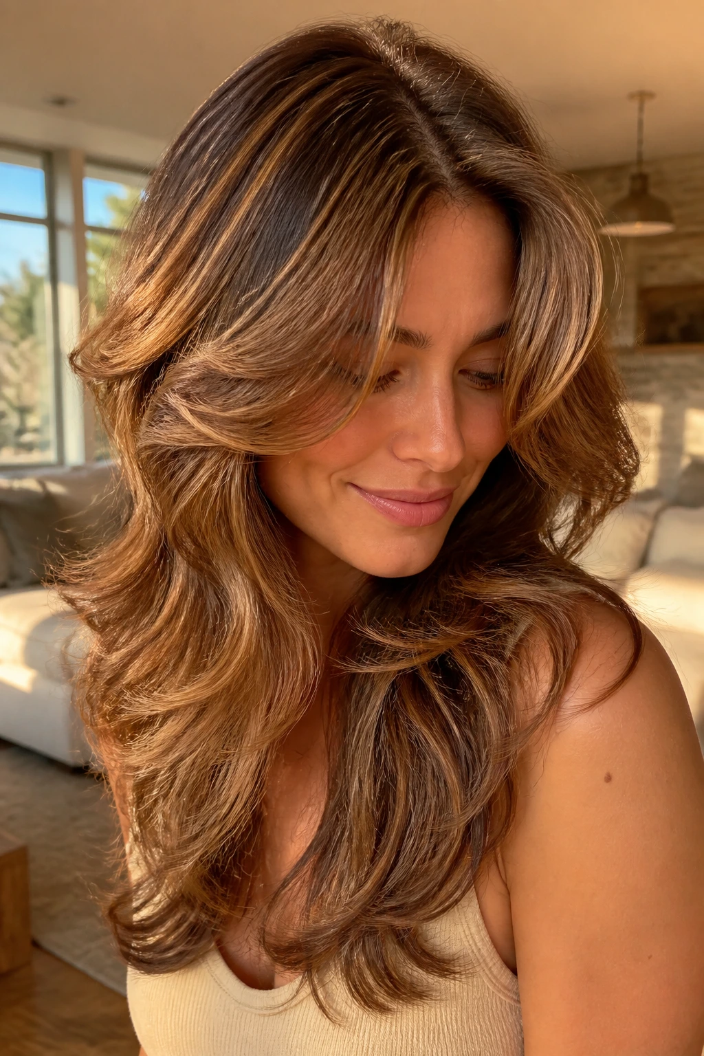Close-up of a woman with butterfly layers and honey babylights