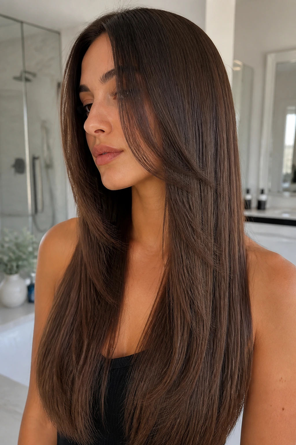 Close-up of a real person with butterfly layers on pin-straight hair