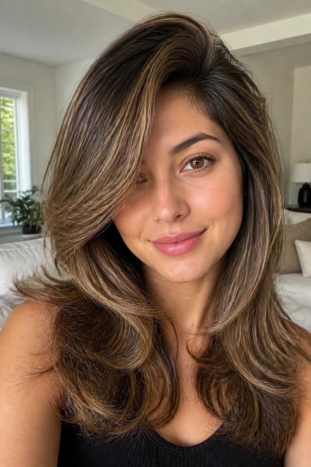 Close-up of real woman with butterfly layers and lifted side part