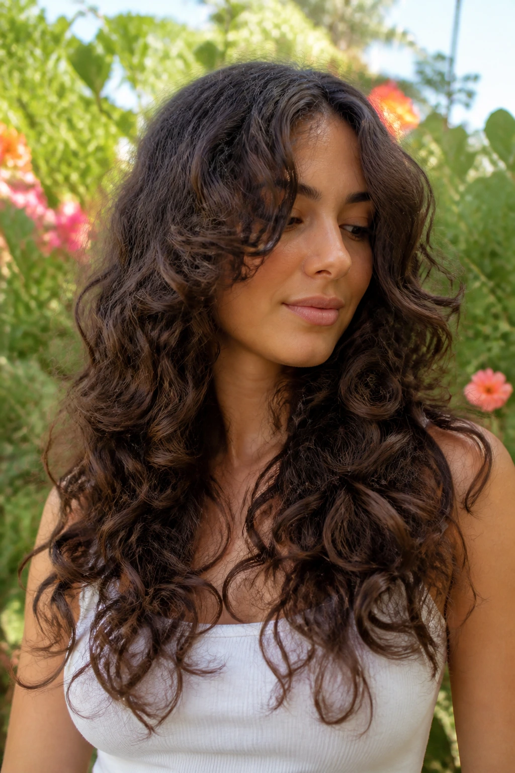 Long curly hair with butterfly layers in garden light