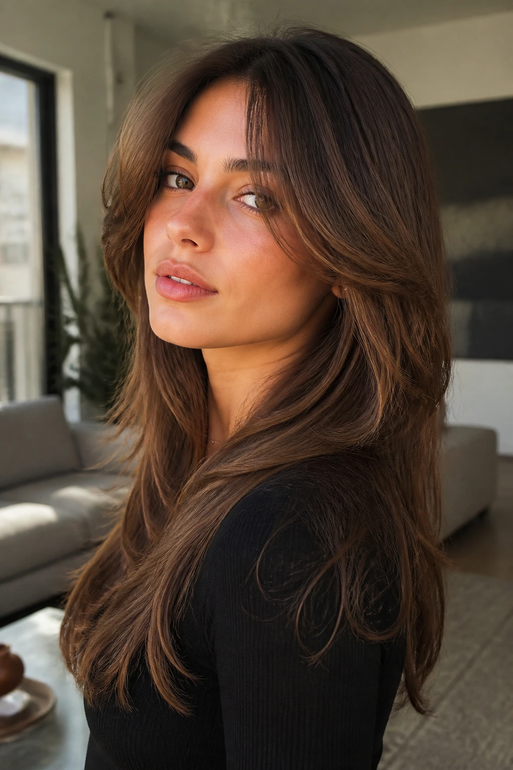 Close-up portrait of a real woman with butterfly layers and long ends in window light