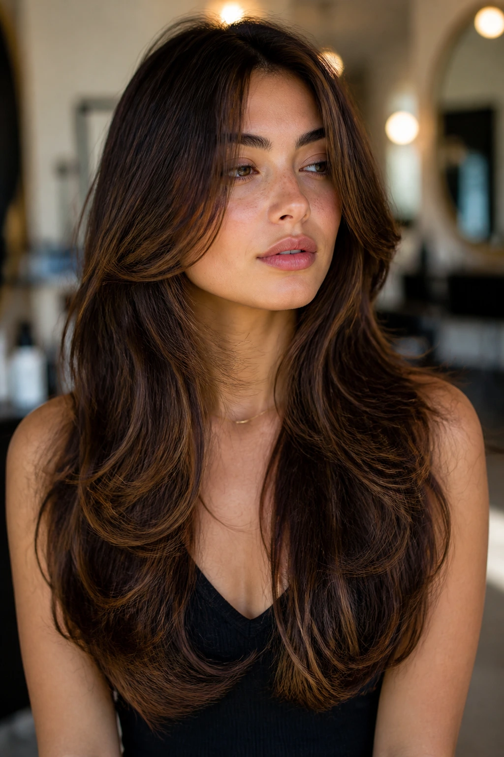 Close-up portrait showing butterfly layers with short front pieces near the cheekbone and a long back perimeter on a real person