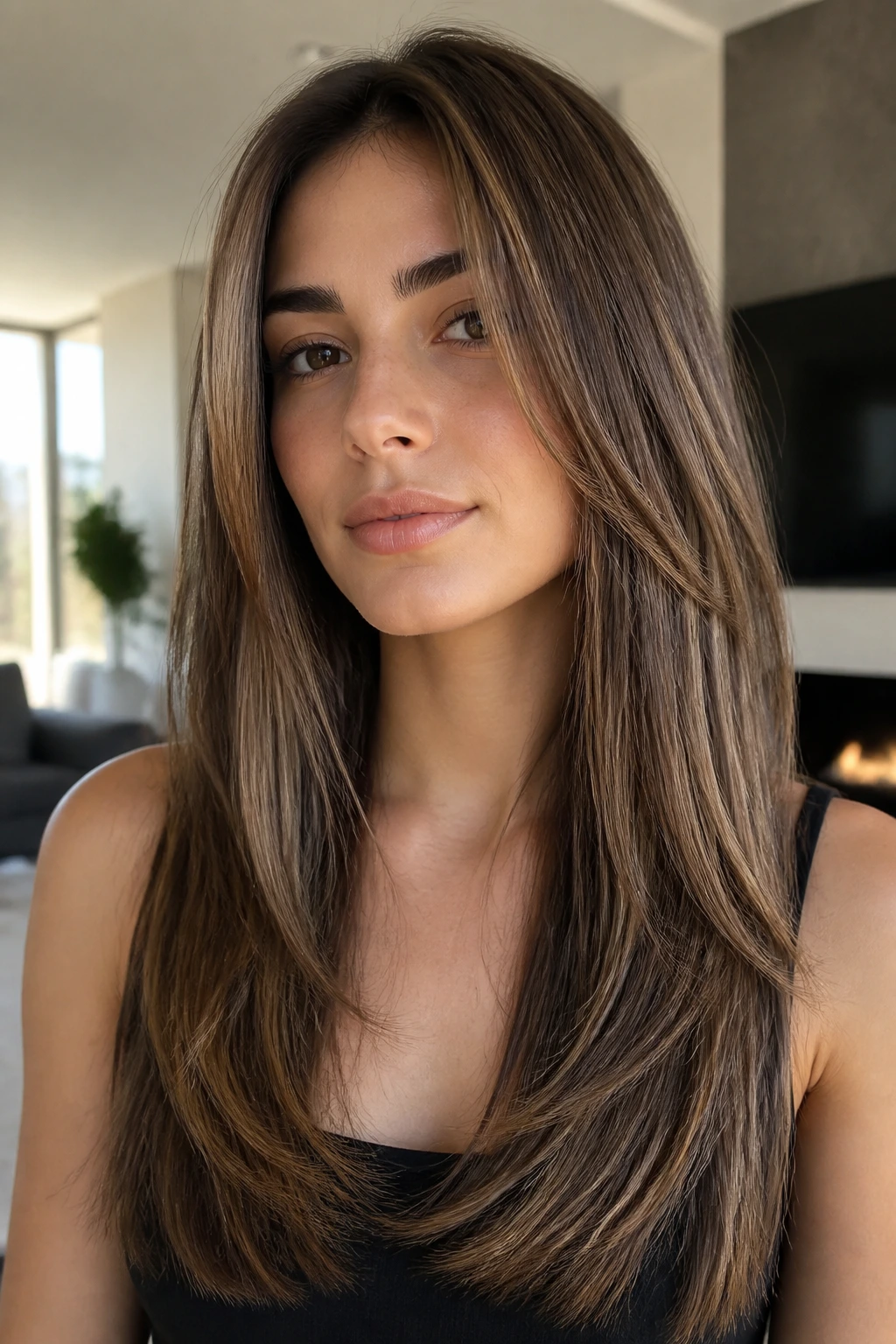 Real woman with soft butterfly layers on long straight hair