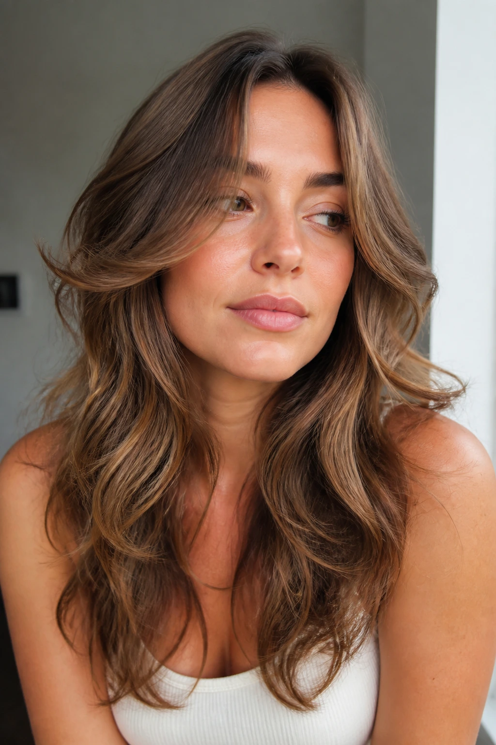 Portrait of woman with soft butterfly layers in long wavy hair