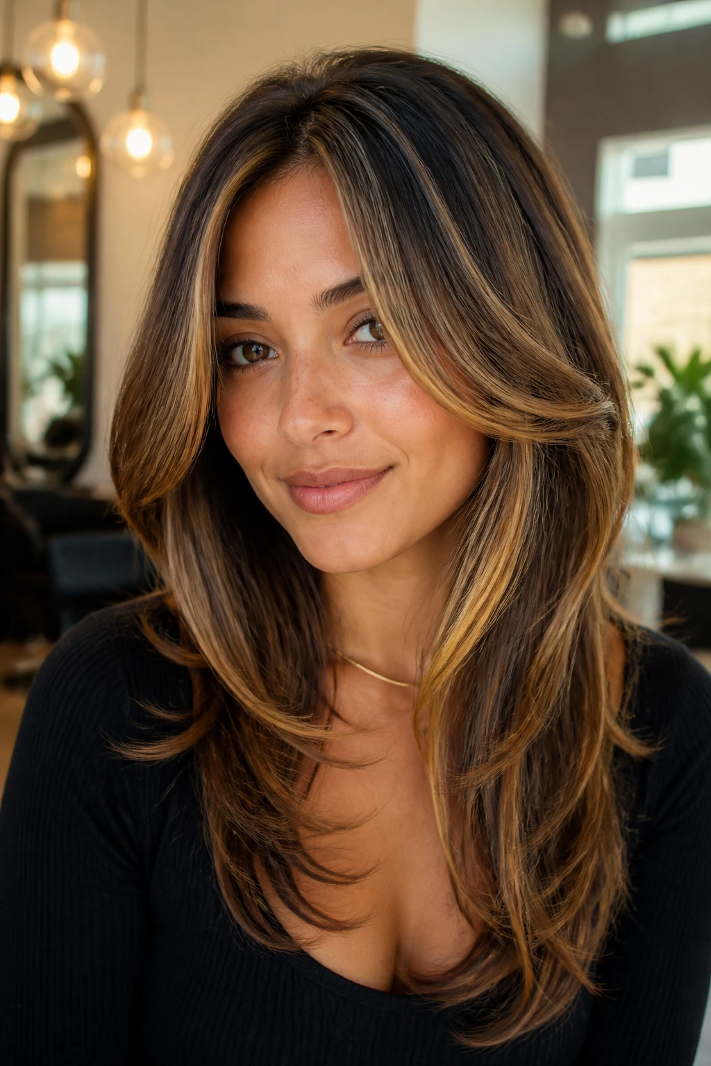 Close-up portrait of a real woman with butterfly layers and golden honey ribbons on olive skin