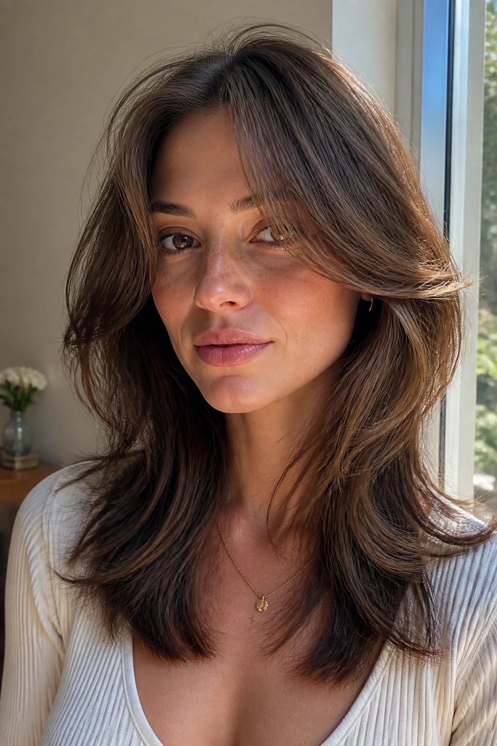 Real woman with butterfly lightness curtain layers, front pieces lifted away from face in natural window light.