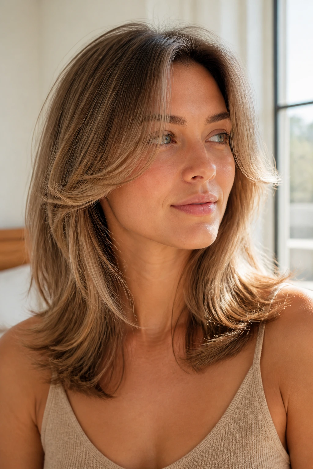 Portrait of a real woman with soft butterfly layers brushing the shoulders in bright natural light