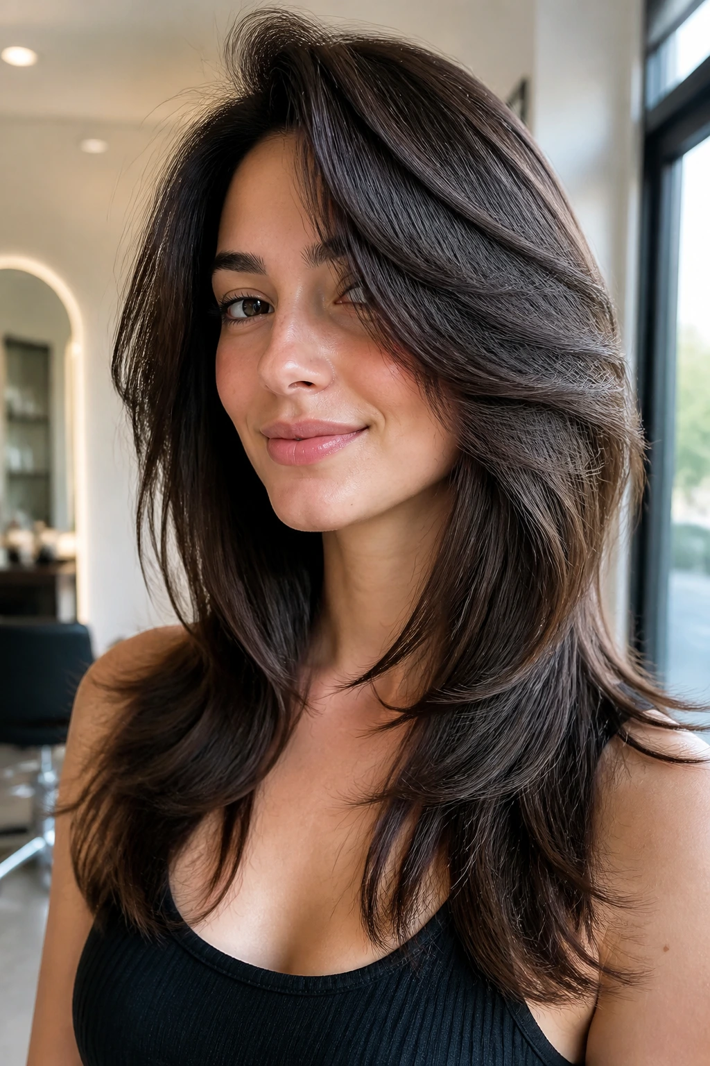 Portrait of a woman with butterfly layers split to the side and a side-swept front in a bright salon.