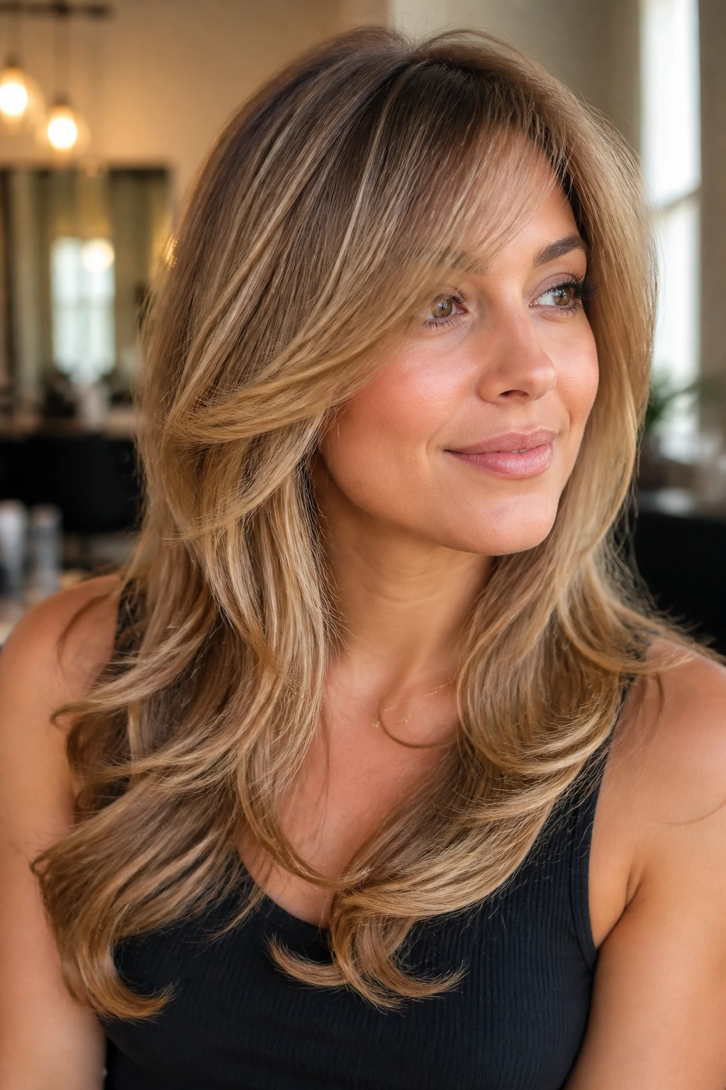 Close-up portrait of a real woman with butterfly layers and side-swept fringe.