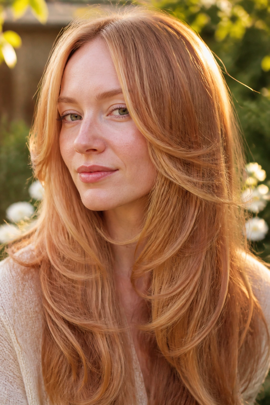 Close-up of a real woman with butterfly layers in strawberry blonde outdoors
