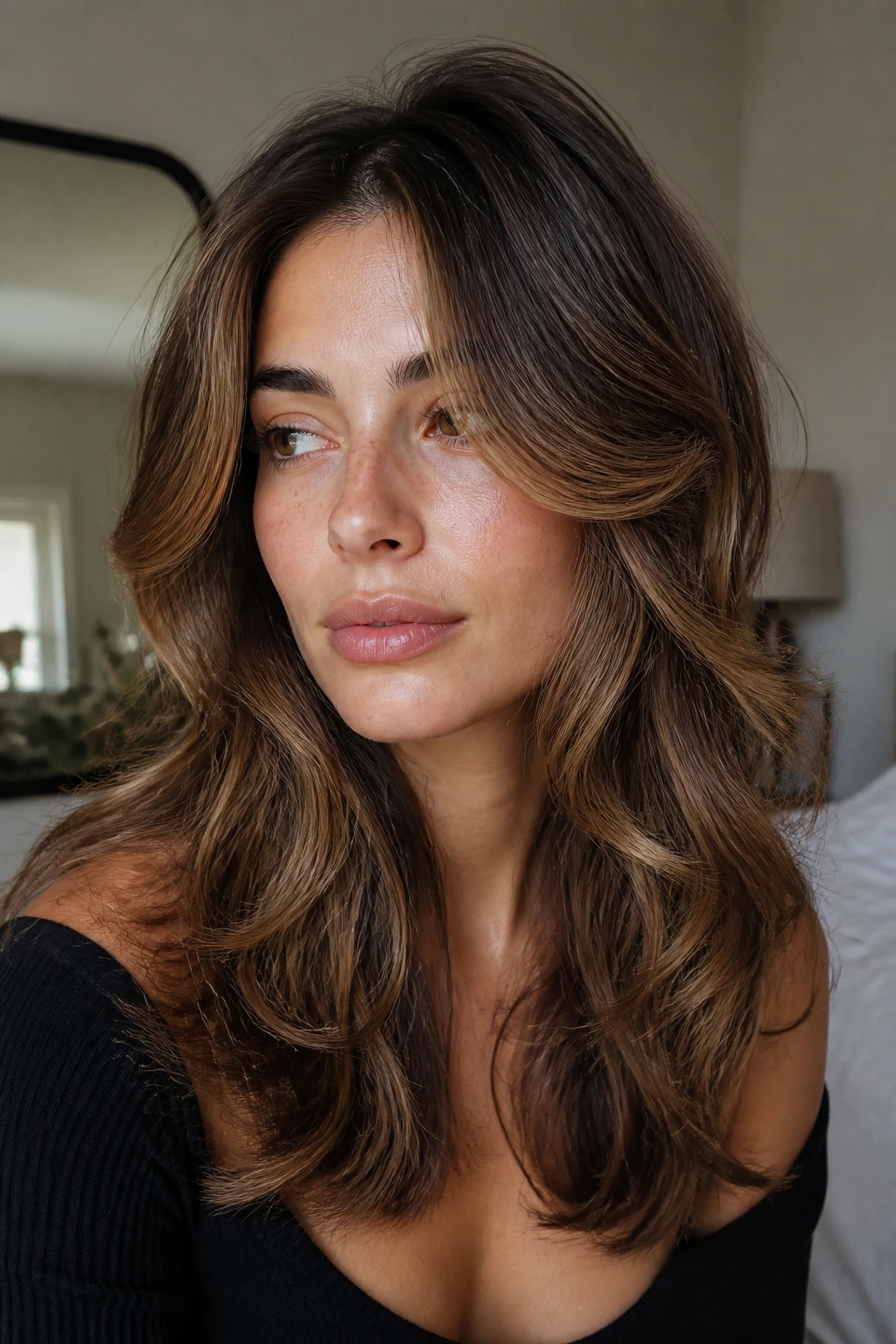 Close-up portrait of a real woman with butterfly layers and toffee pieces in 2C hair, warm lowlights