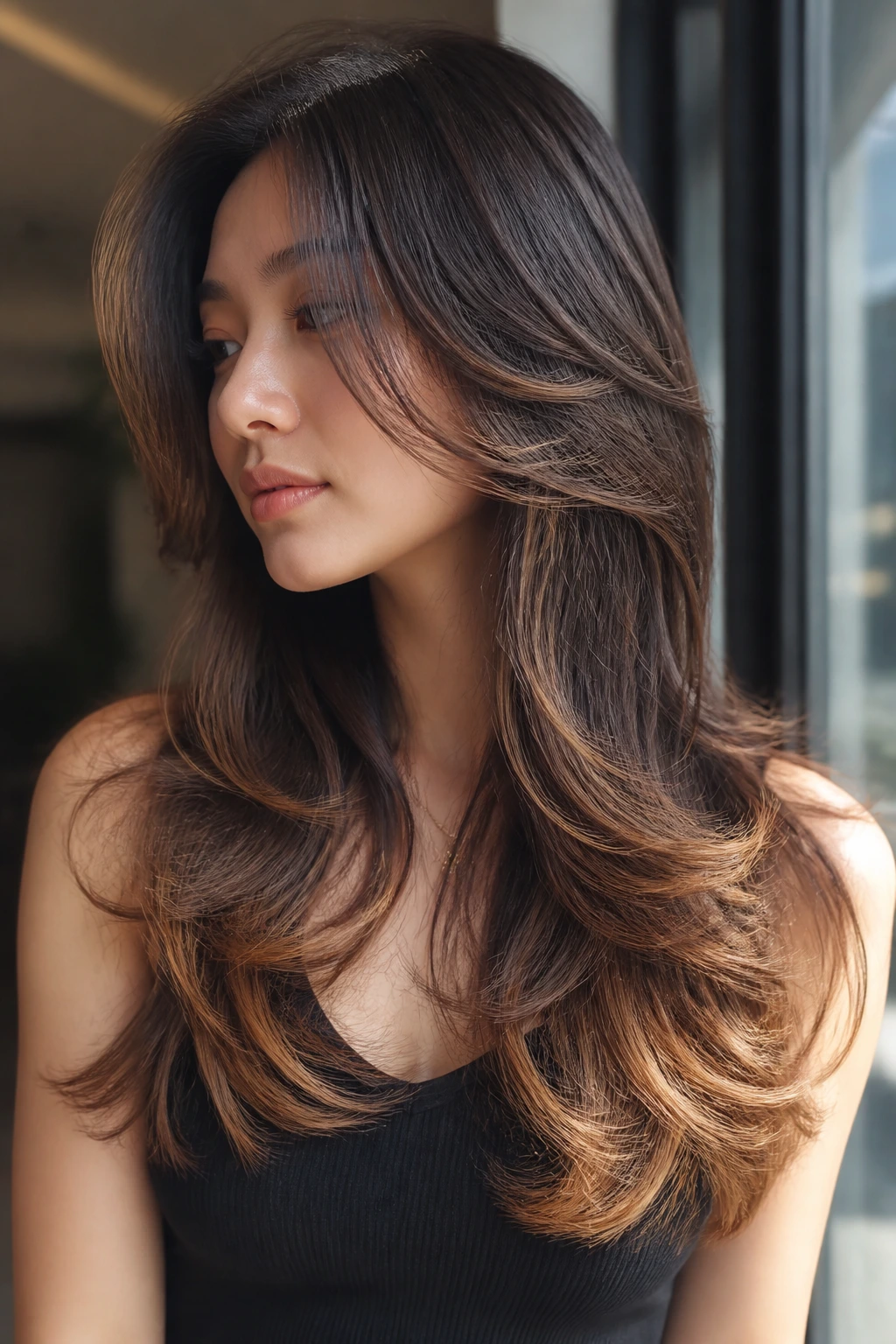 Close-up of a real woman with butterfly layers and toffee-ended hair