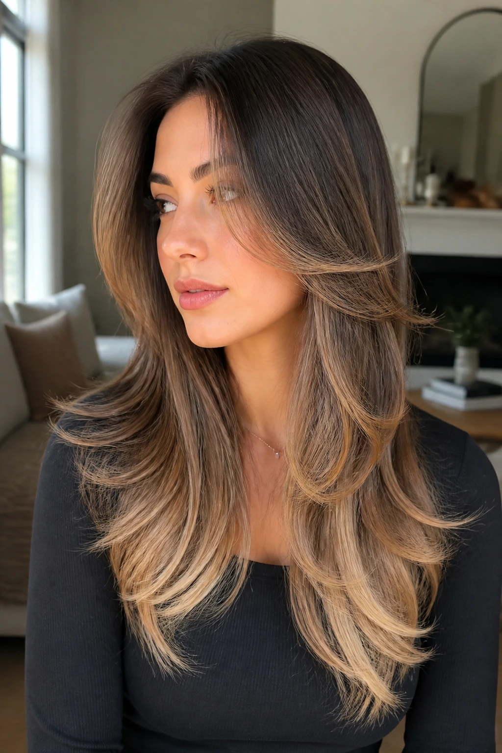Close-up portrait of a real woman with butterfly layers and vanilla ends in natural light