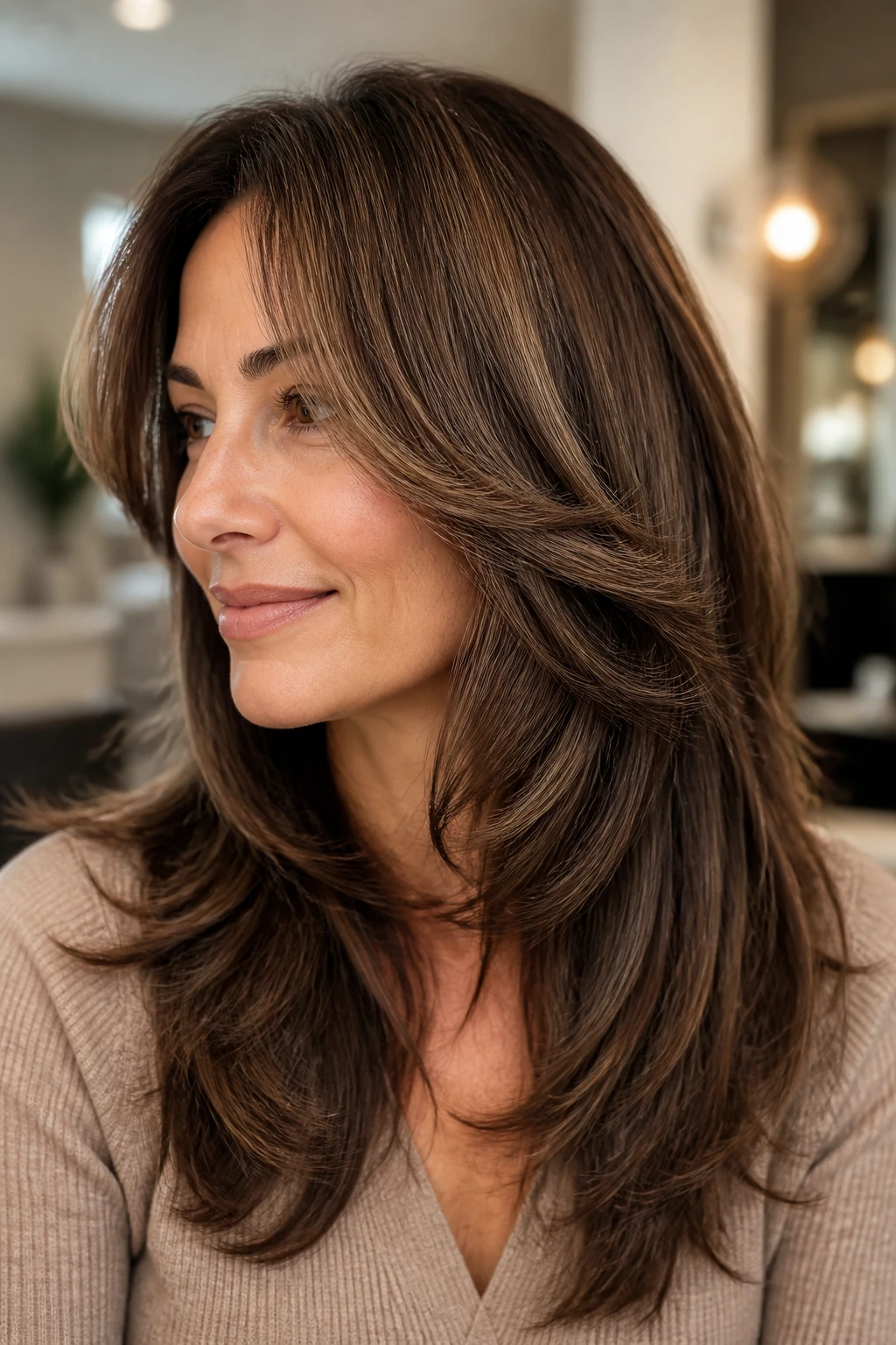 Close-up portrait of a real woman with butterfly layers and walnut depth
