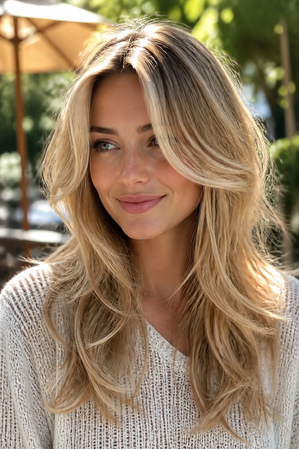 Close-up of a real woman with butterfly layers and loose blonde waves