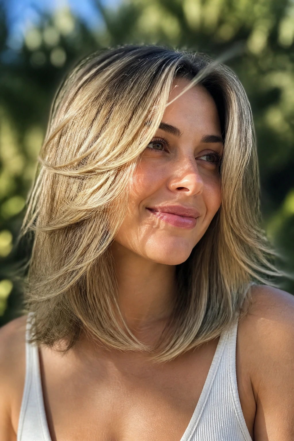 Portrait of a real person with a butterfly lob and long crown layers