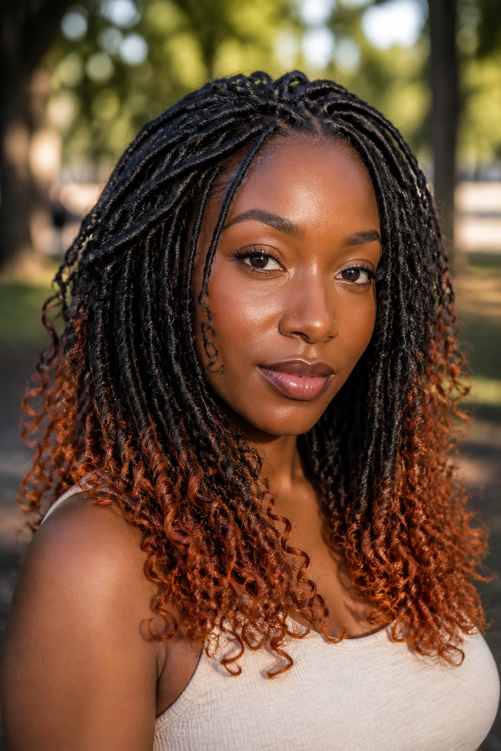 Close-up of a real woman with butterfly locs and burnt copper tips in warm outdoor light