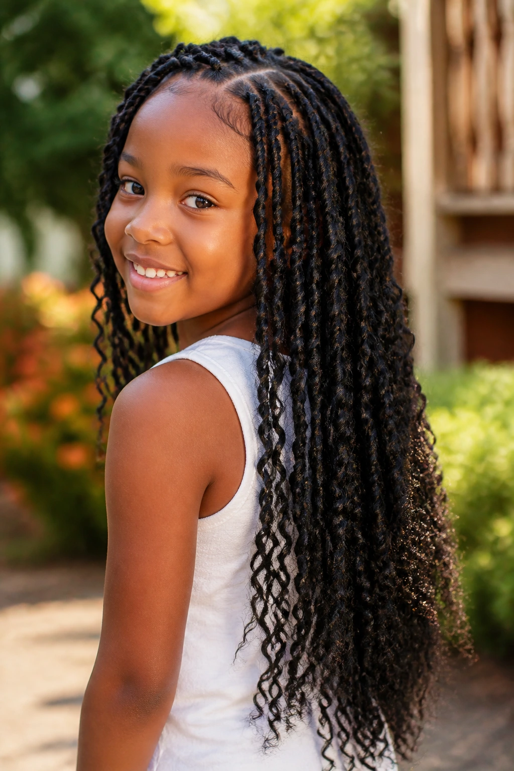 Real child with butterfly locs reaching mid-back in sunlight
