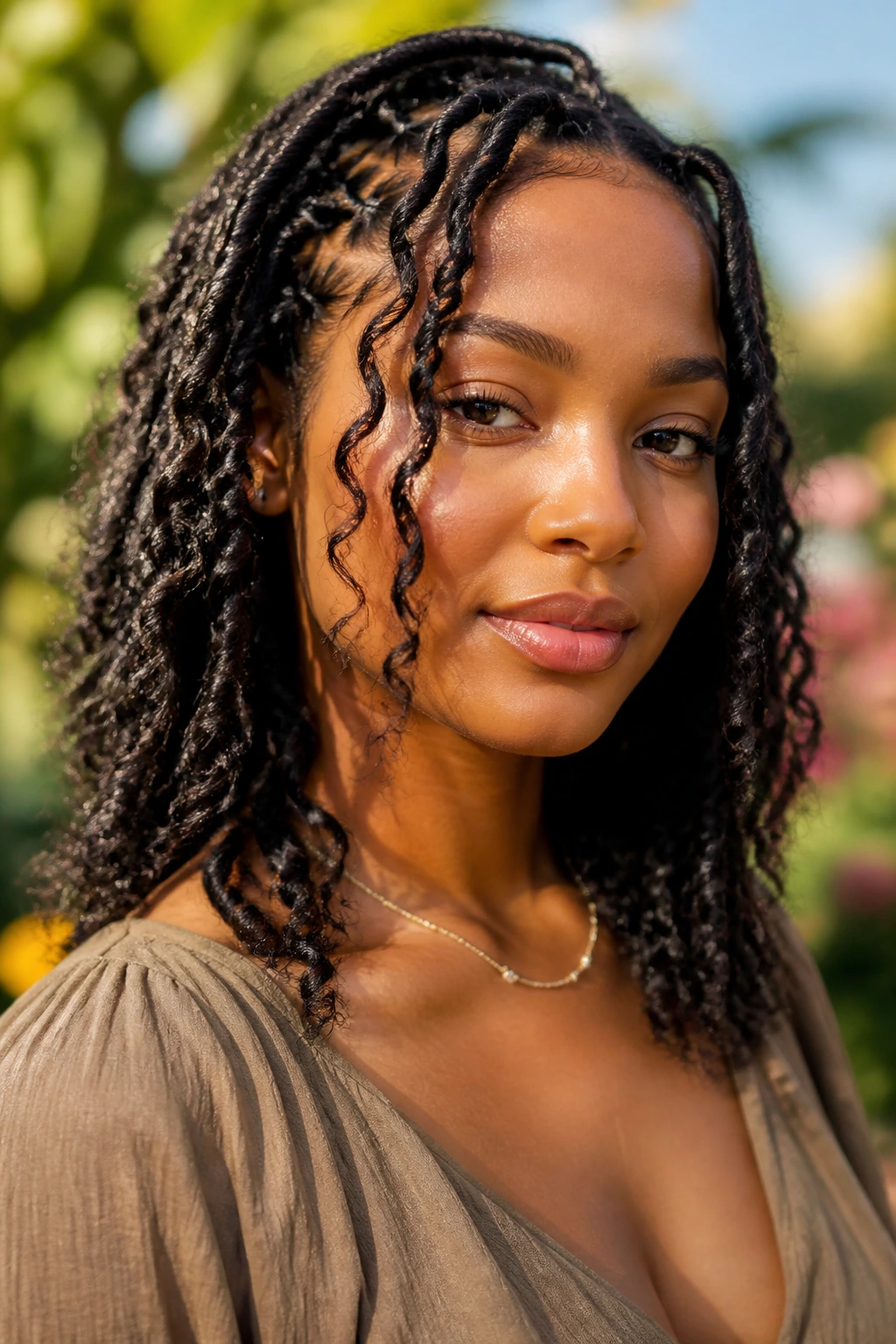 Close-up of a woman with airy butterfly locs and loose tendrils in a sunlit garden.
