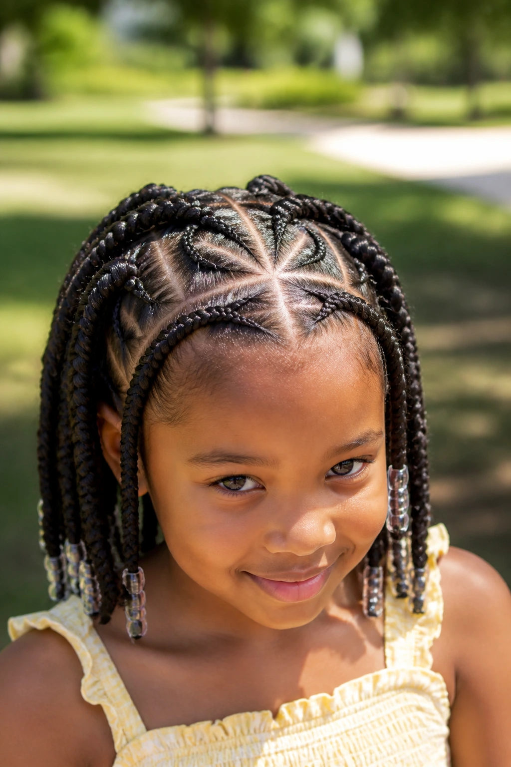 Real girl head showing butterfly part braids in natural outdoor light