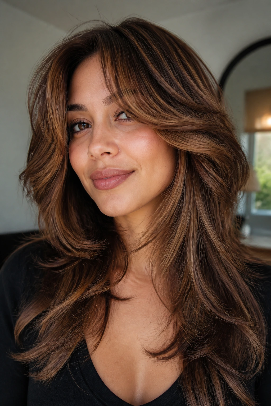 Close-up portrait of a woman with butterfly shag and chestnut face frames.