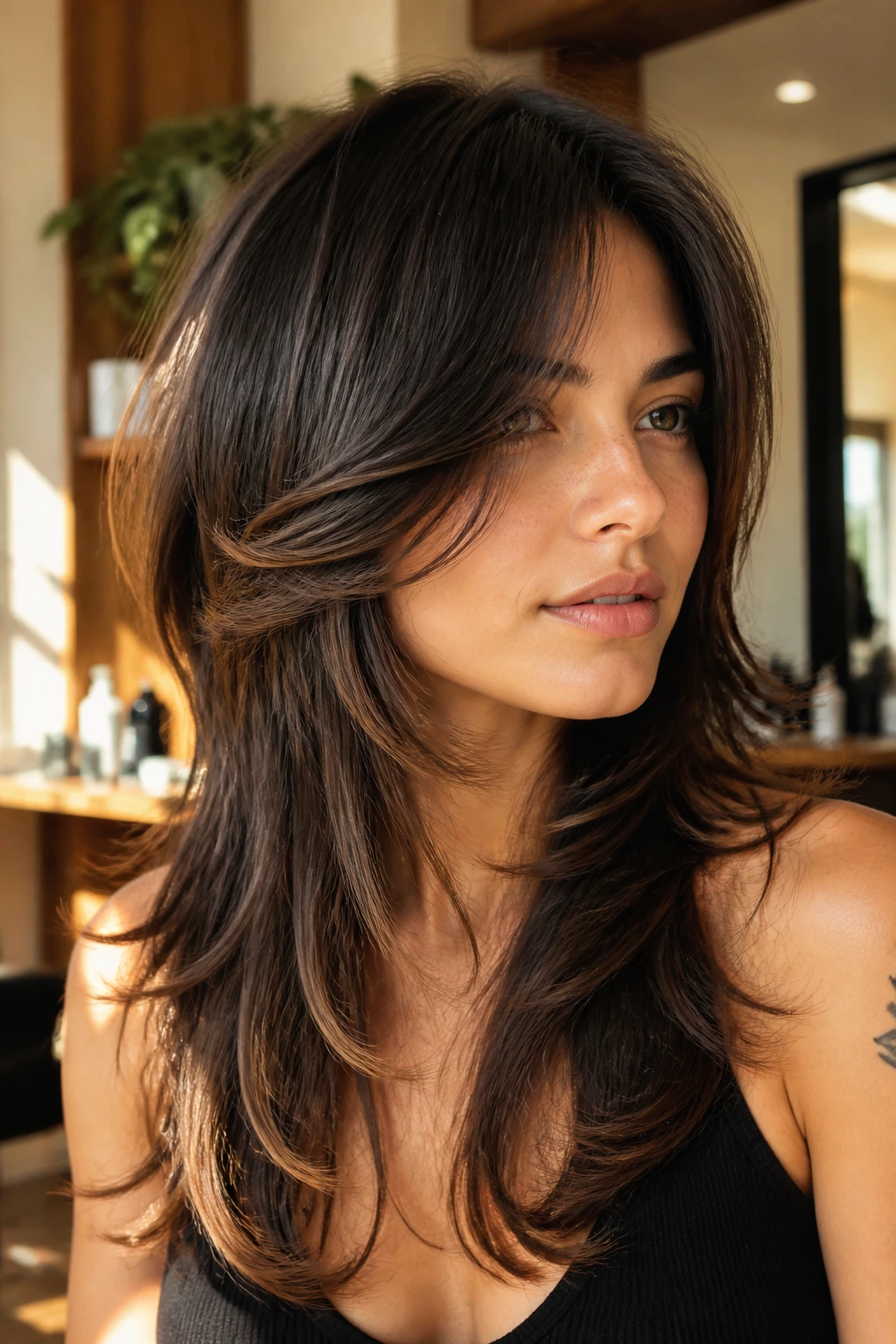 Close-up portrait of a real woman with butterfly shag front panels framing the face