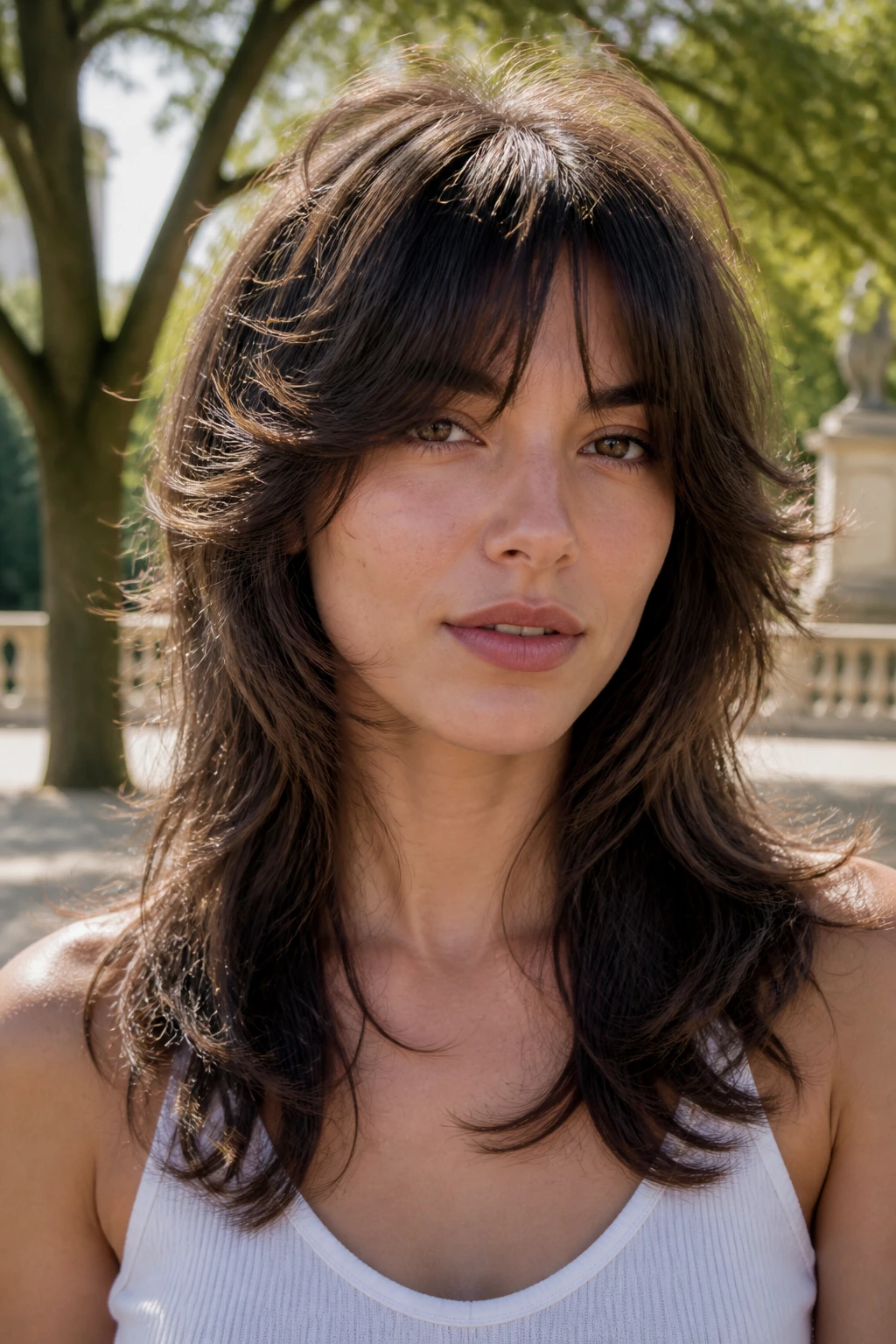 Close-up portrait of a real person with butterfly-inspired shag layers and curtain bangs in natural light