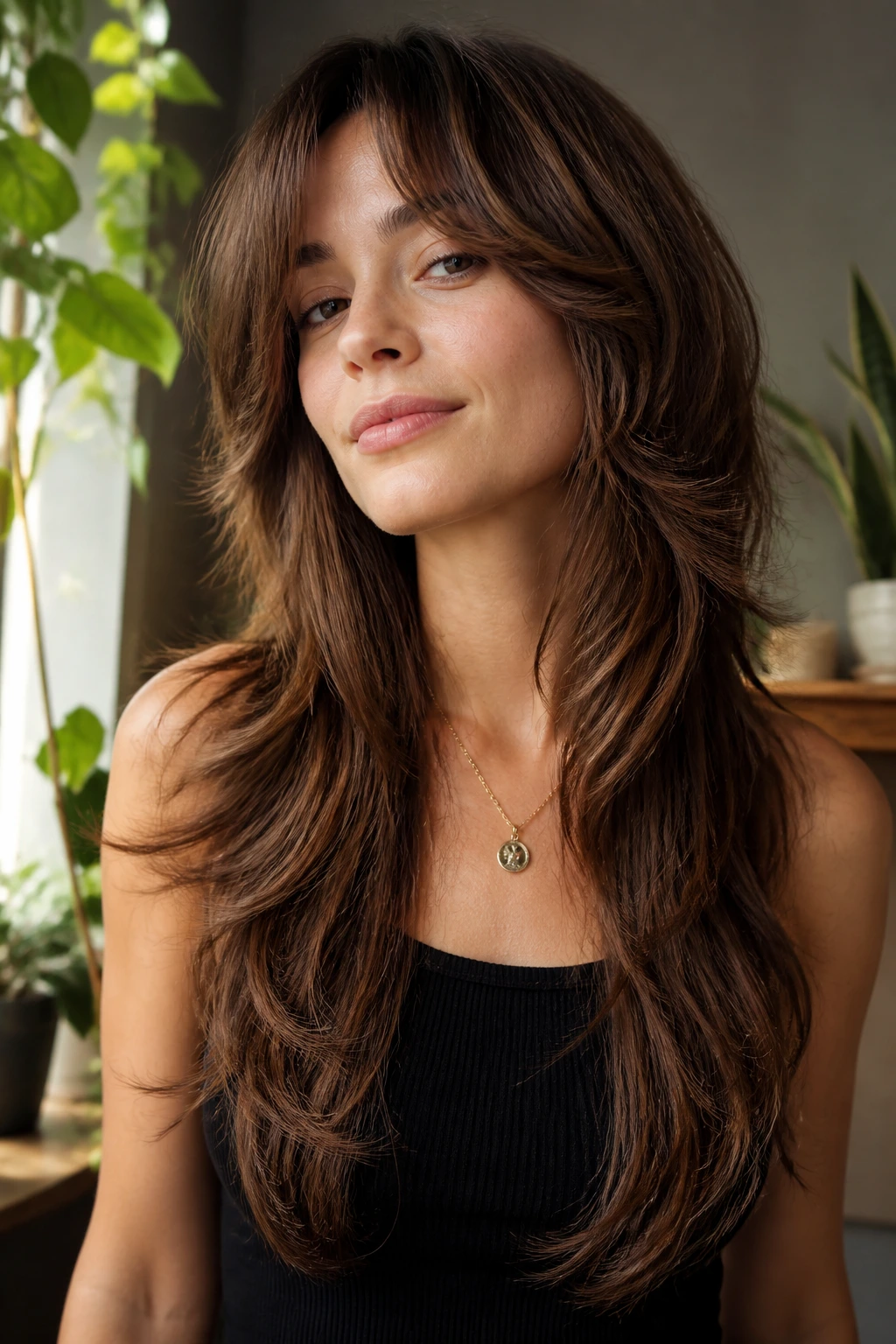 Portrait of a real person with butterfly shag, short crown layers and long substantial ends.