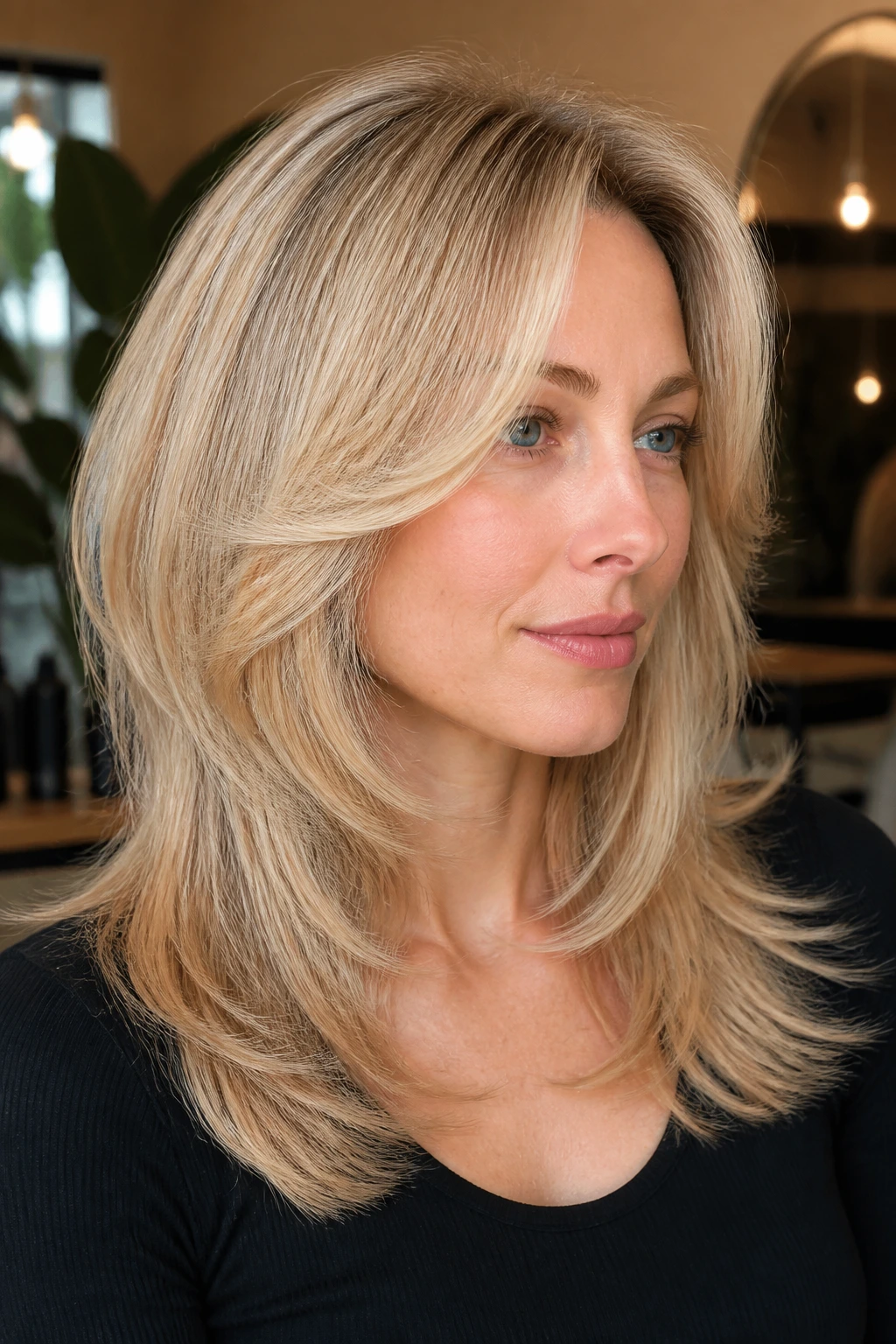 Portrait of a real person with butterfly haircut showing lift at crown and defined face frame.
