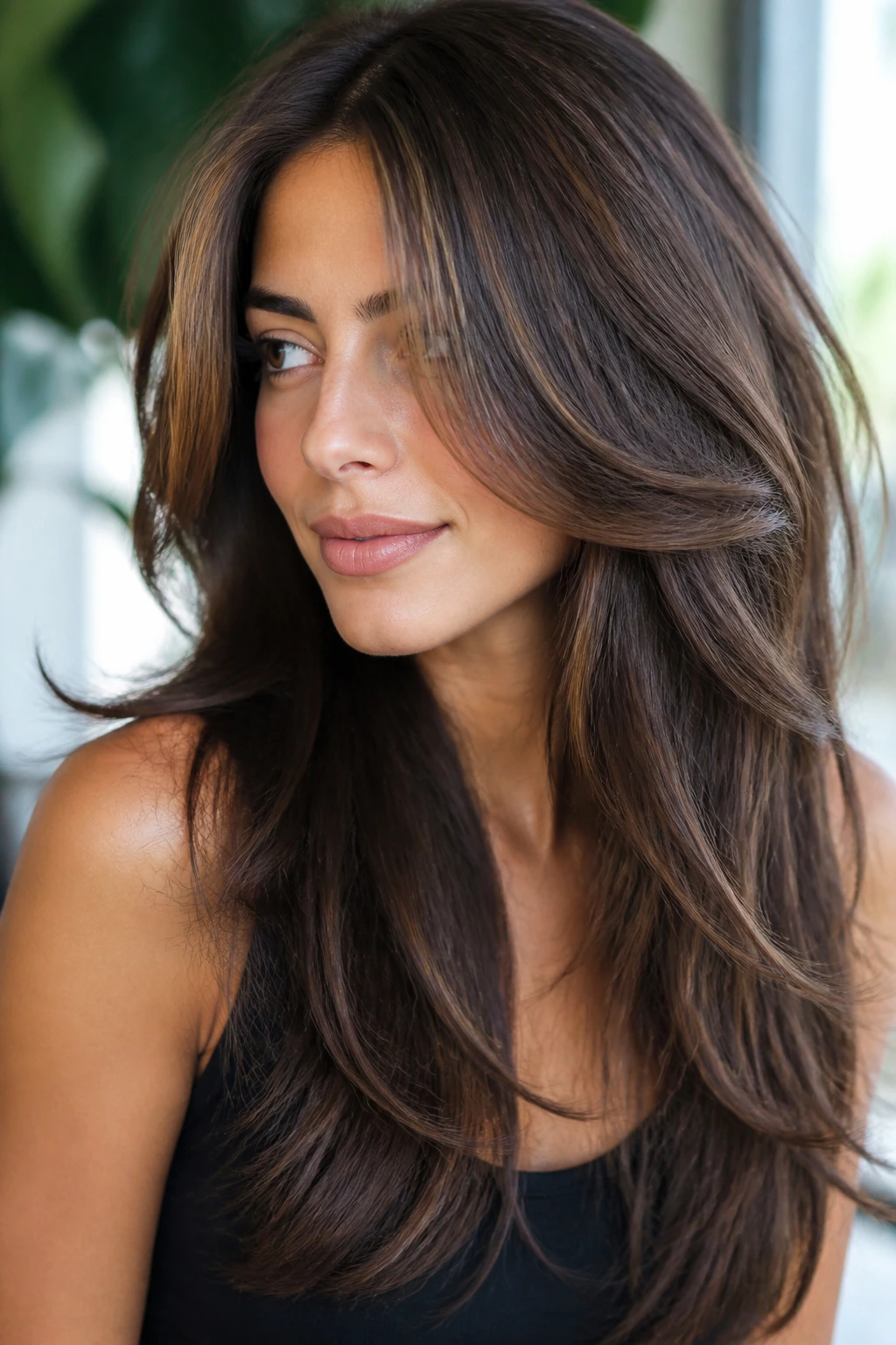 Portrait of a woman with butterfly sweep hairstyle, front layers skim cheekbones.