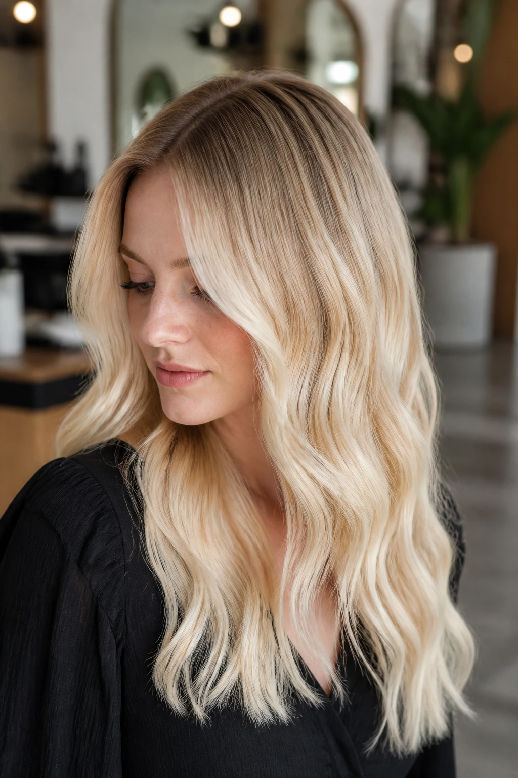 Close-up portrait of a woman with buttermilk blonde hair and a subtle root smudge
